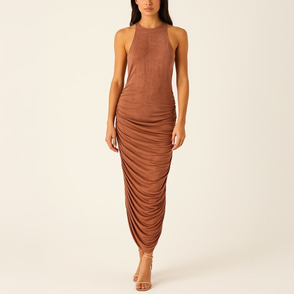 Chrysanthemum Bronze Tan Ruched Sleeveless Midi Dress Size S